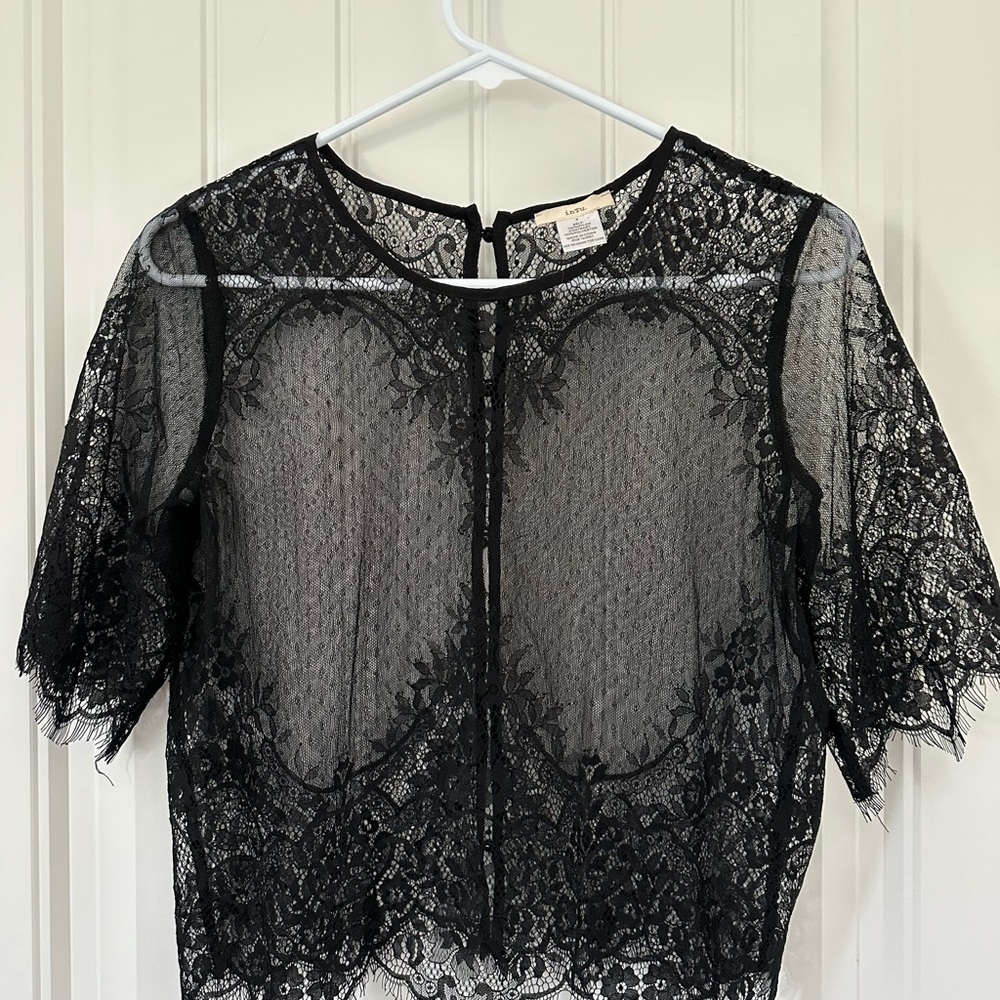 Black Sheer Lace Blouse with Short Sleeves